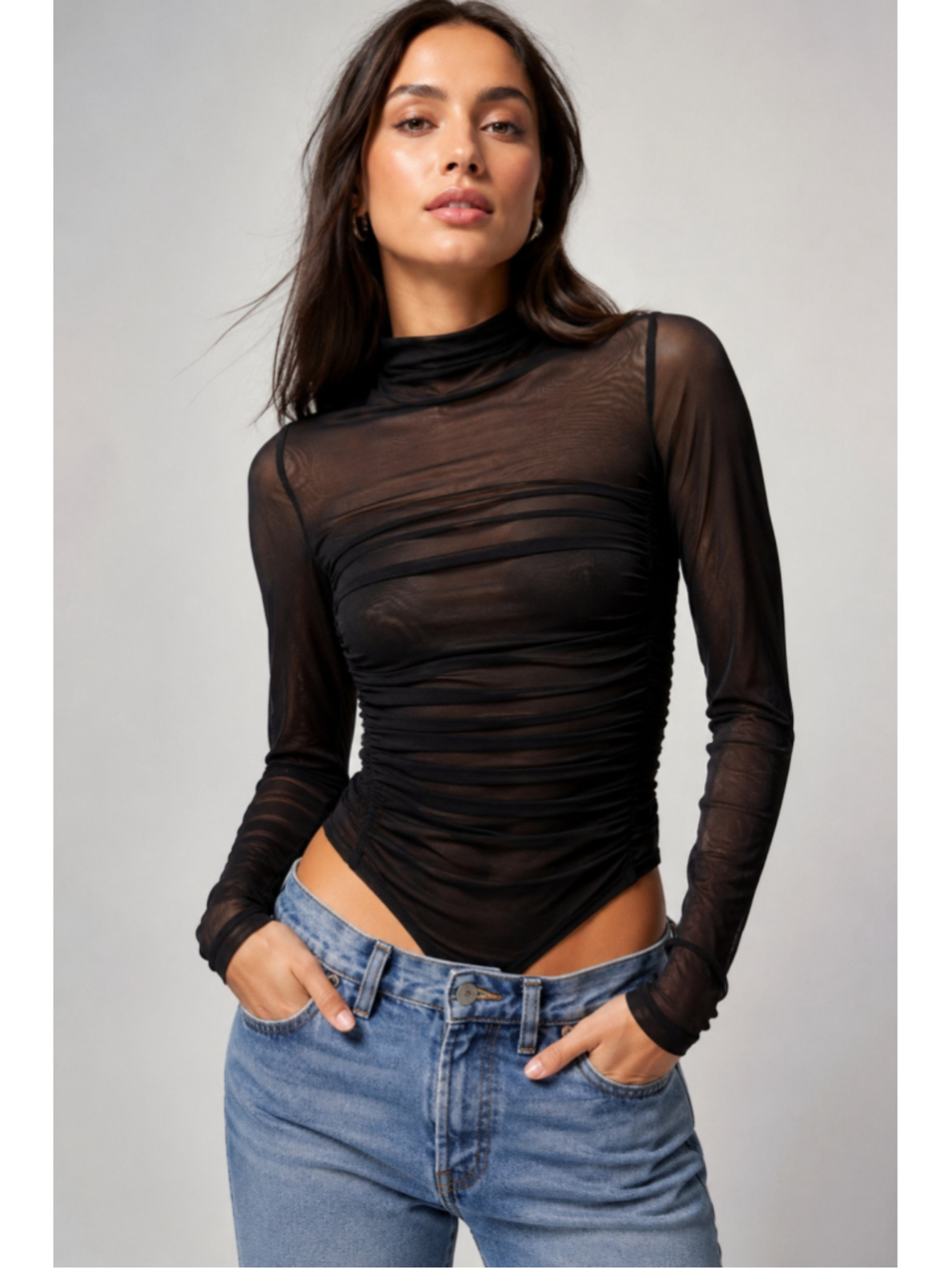 Discreet NYC Bodysuit Small Black Sheer Mesh Ruched Mock Neck Y2K NWOT